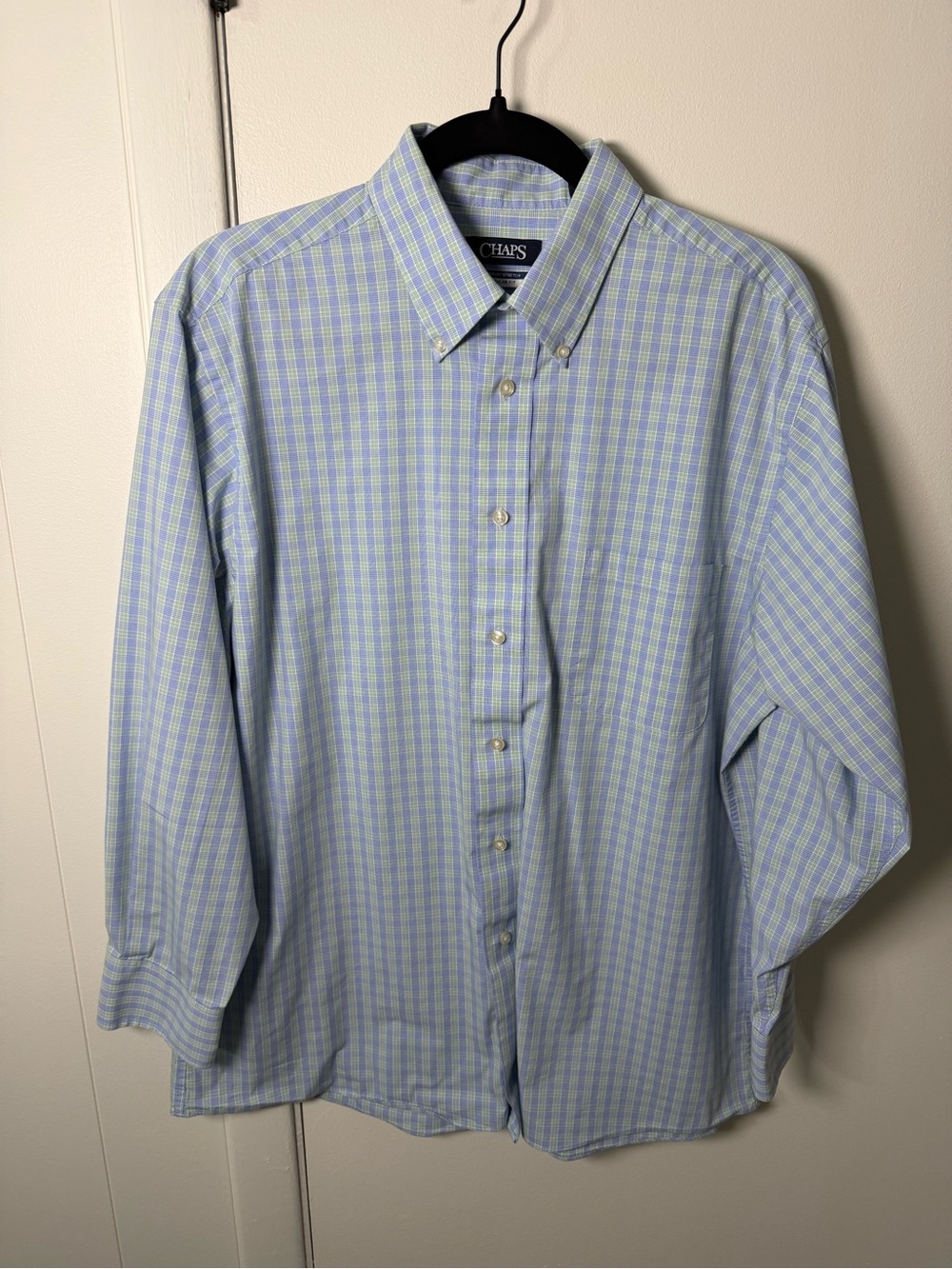 Chaps Men’s Light Blue & Green Plaid Button‑Down Shirt | Size L